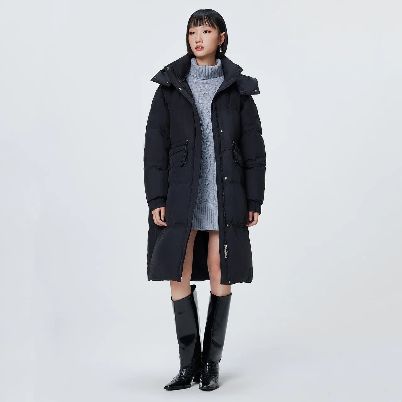 Women's Stand Collar Hooded Long Down Jacket, Waist Adjustable Belted Solid Colour, Thick Puffer Coat Fashionable Korean Style For Ladies