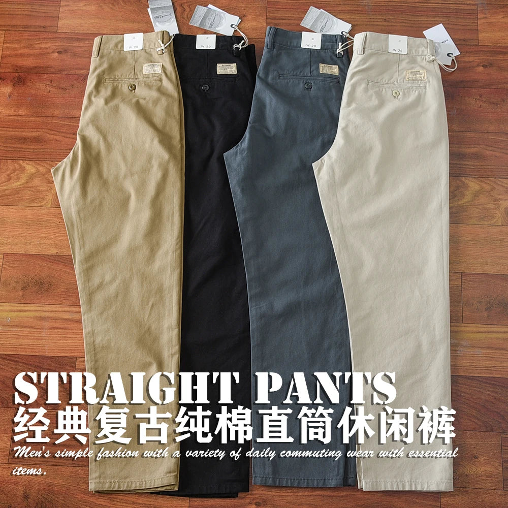 2024 Lente en herfst Nieuwe Amerikaanse retro zwaargewicht geweven keper casual broek Heren eenvoudige 100% katoenen gewassen rechte broek