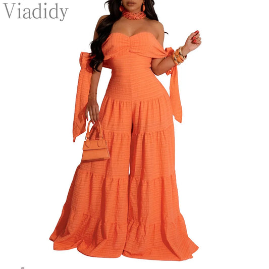 Women Sexy Solid Color Slash Neck Off Shoulder Ruffles Decor Wide Leg Jumpsuits