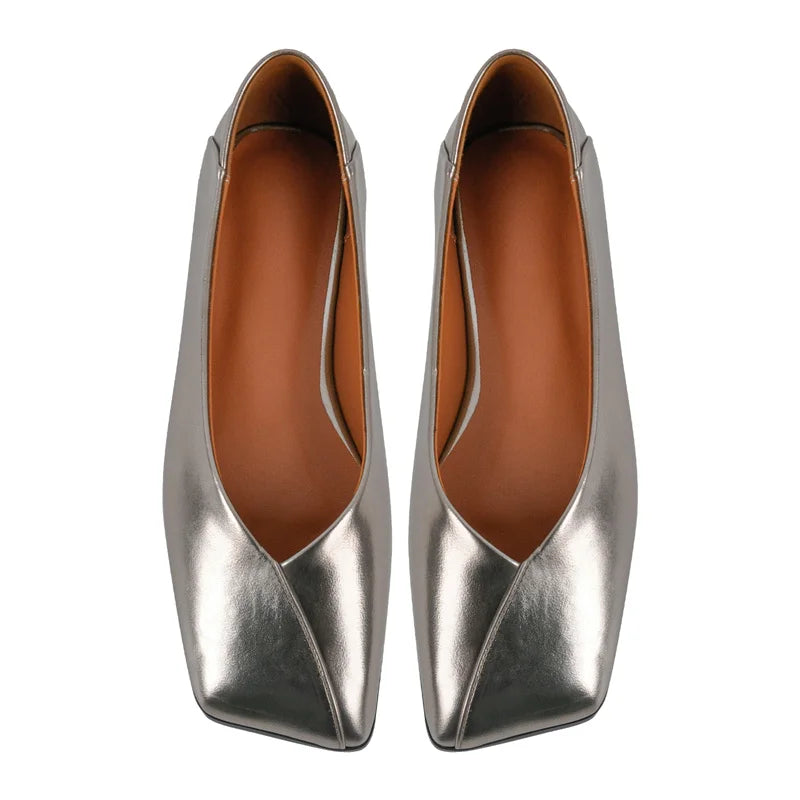 Women Square Toe Flats Metallic Leather Stylish Casual Shoes Silver Fashionable Loafer Flats