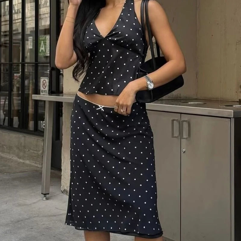 2025 Women Vintage Black White Polka Dot A-line Knee Length Skirt Sexy Low Waist Holiday Summer Skirts