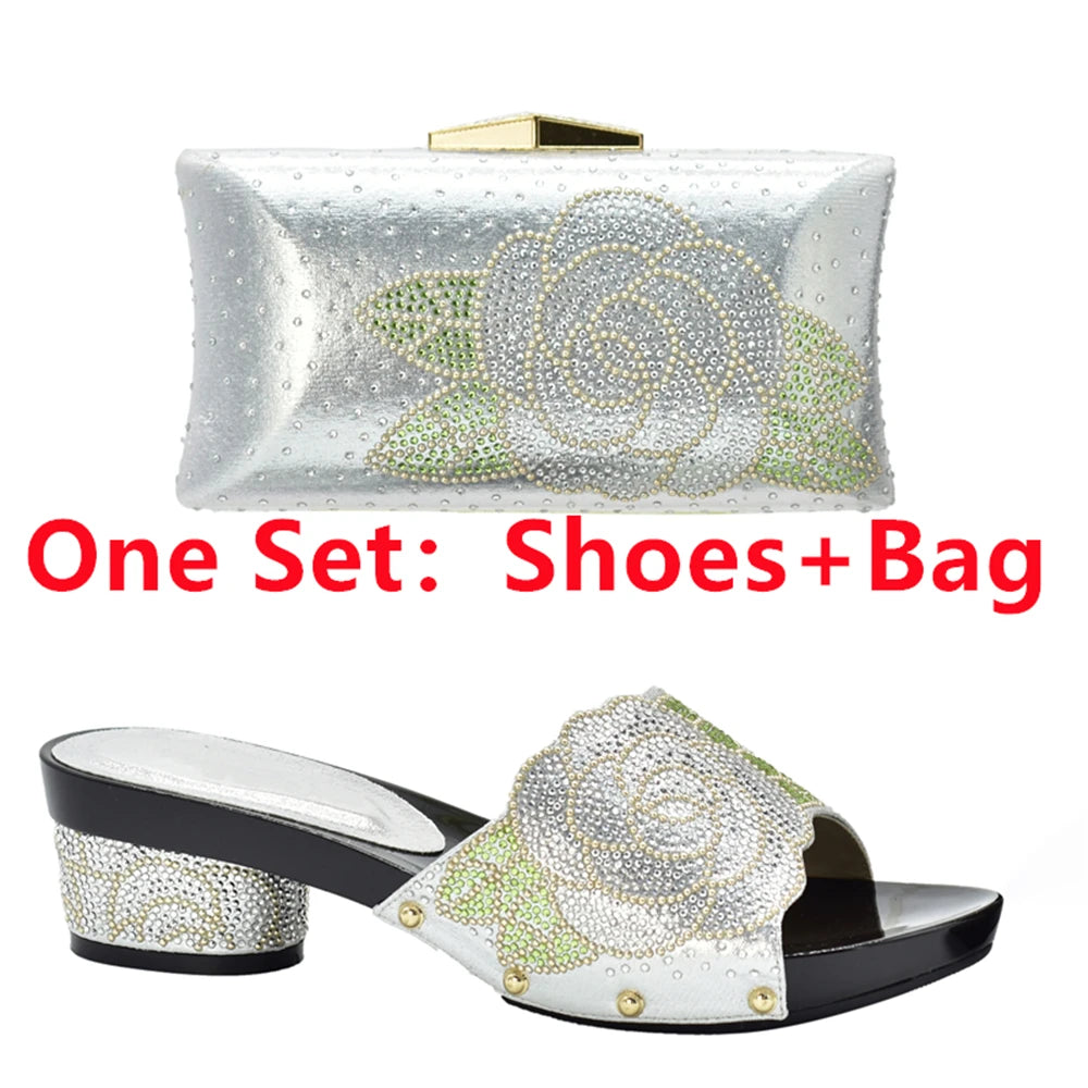 Women's Italian Shoes with Matching Bags Set Decorated with Rhinestone Open Toe Ladies' Slippers Shoes