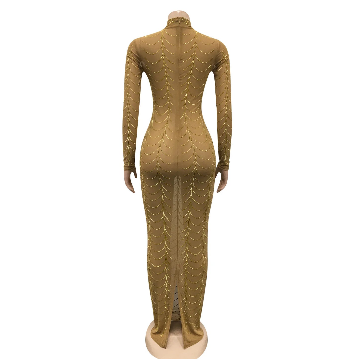 Sexy Rhinestone Sheer Mesh Long Sleeve  Party Dress