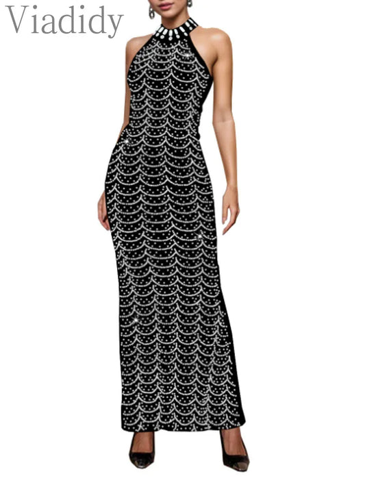 Women's Sexy Sleeveless Halter Rhinestone Decor Floor-length Mermaid Party Dress