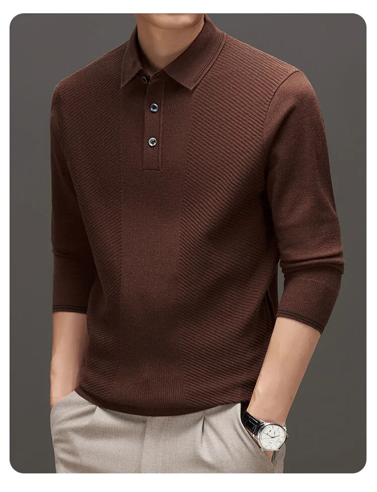 Men's Solid Colour Business Casual Polo Shirt, Suitable For Daily Commute, Pullover Sweater, Warm Knitted Long-Sleeved Cardigan