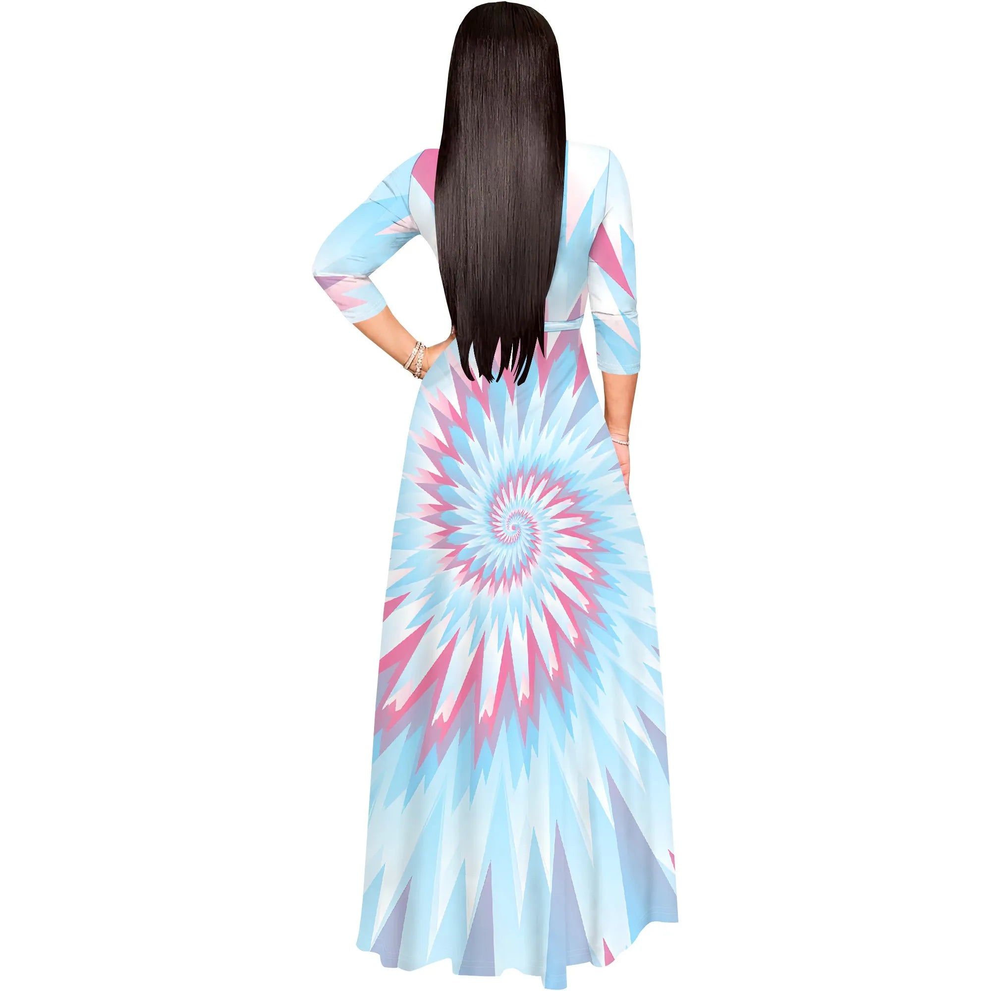 Colorful Tie-Dye V-Neck 3/4 Sleeve Wrap Maxi Dress with Belt - Women's Bold Bohemian Party Evening Resortwear