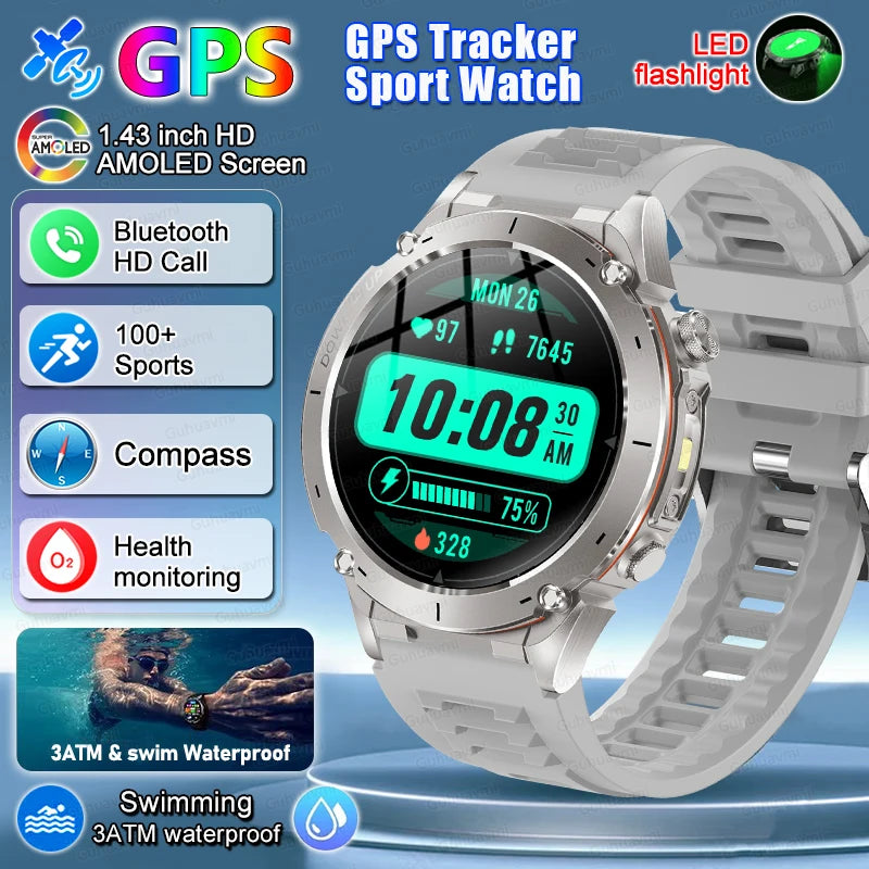 2025 New Rugged Military GPS Smart Watch Built-In GPS Tracker Compass Sports Fitness Tracking Smartwatch - Compatible with HUAWEI & Xiaomi IOS