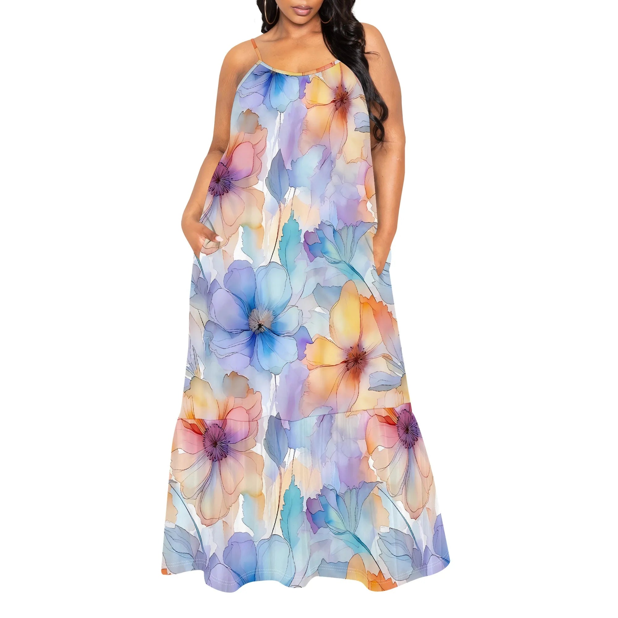 Watercolor Floral Print Sleeveless Maxi Dress Women Casual Beach Style Spaghetti Strap Outfit
