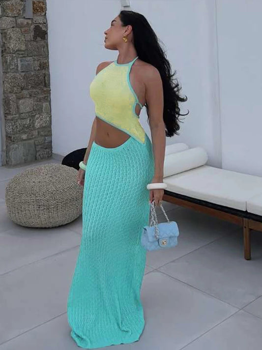 Crochet Beach Women 2 Piece Set Sleeveless Irregular Backless Halter Tank Tops + Maxi Skirts Vacation Matching Clubwear
