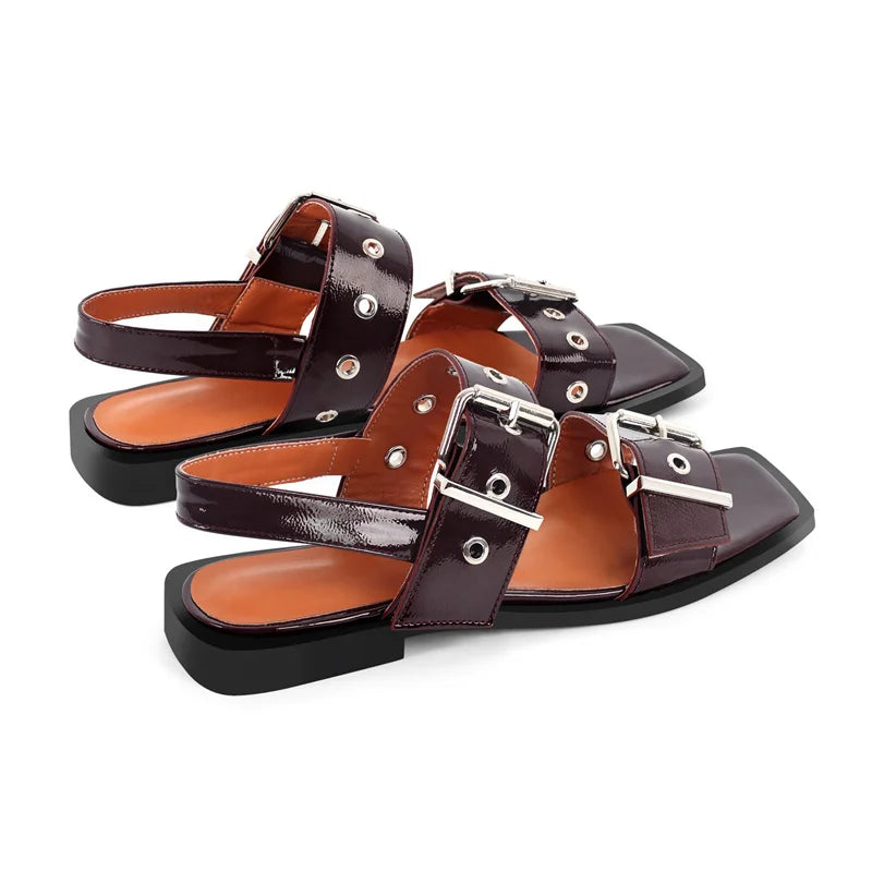 Women Square Toe Buckle Strap Flats Sandals Lady Big  Size Summer Punk Retro Mary Jane Slingbacks Sandals