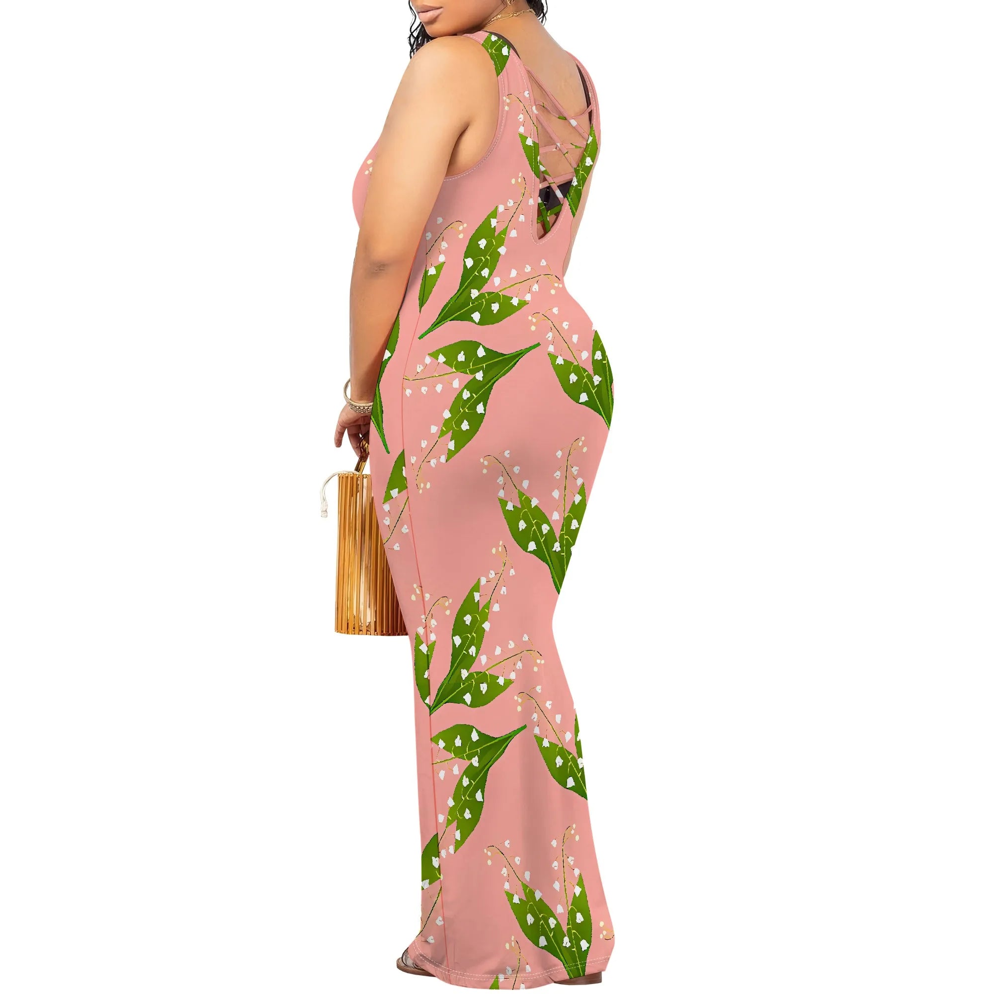 Lily of the Valley Print Maxi Dress Sleeveless Green Leaf Pink Bodycon Long Dress for Women Spring Summer Look