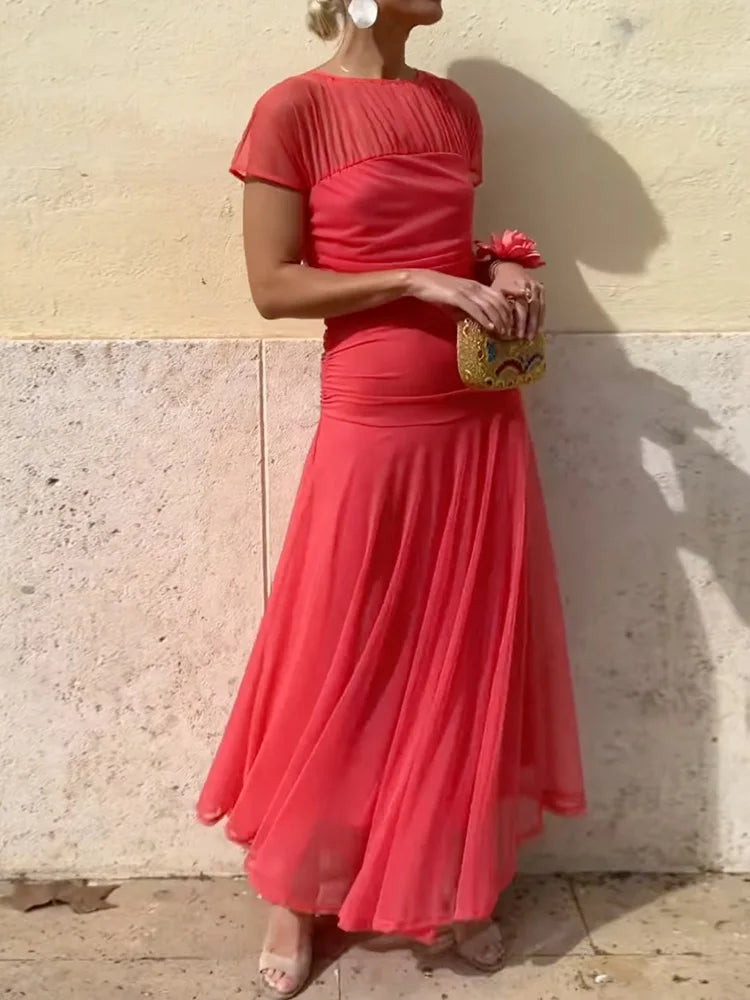 Women Summer Round Neck Loungewear Dress, See Through Solid Mesh Patchwork Elegant Maxi Dress, Short Sleeve Casual Ladies Dress