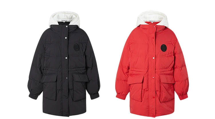 Women's Faux Two-Piece Mid-Length Puffer Jacket With Cosy Polar Fleece Lining, Hooded Warmth Loose Duck Down Coats For Ladies