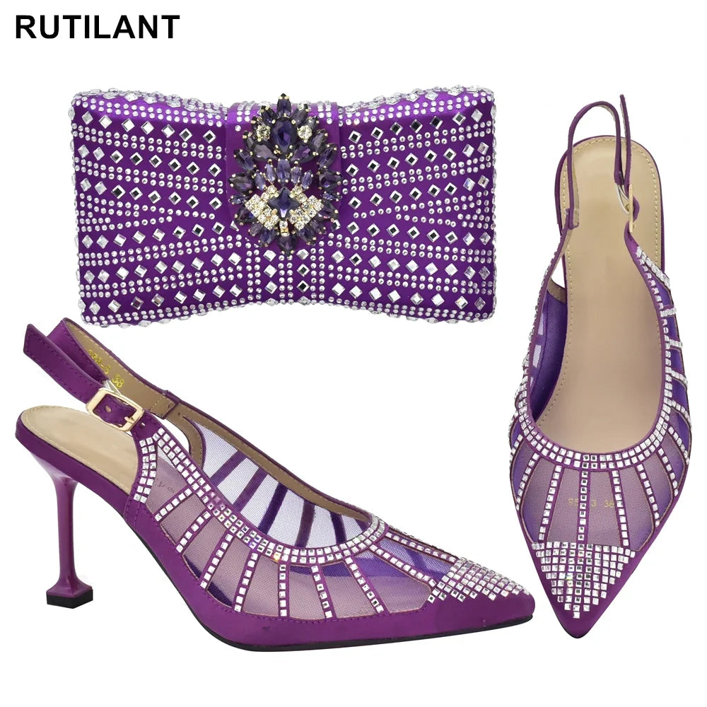 2025 Italian Shoes and Bags Matching Set Decorated with Rhinestone Plus Size Heels