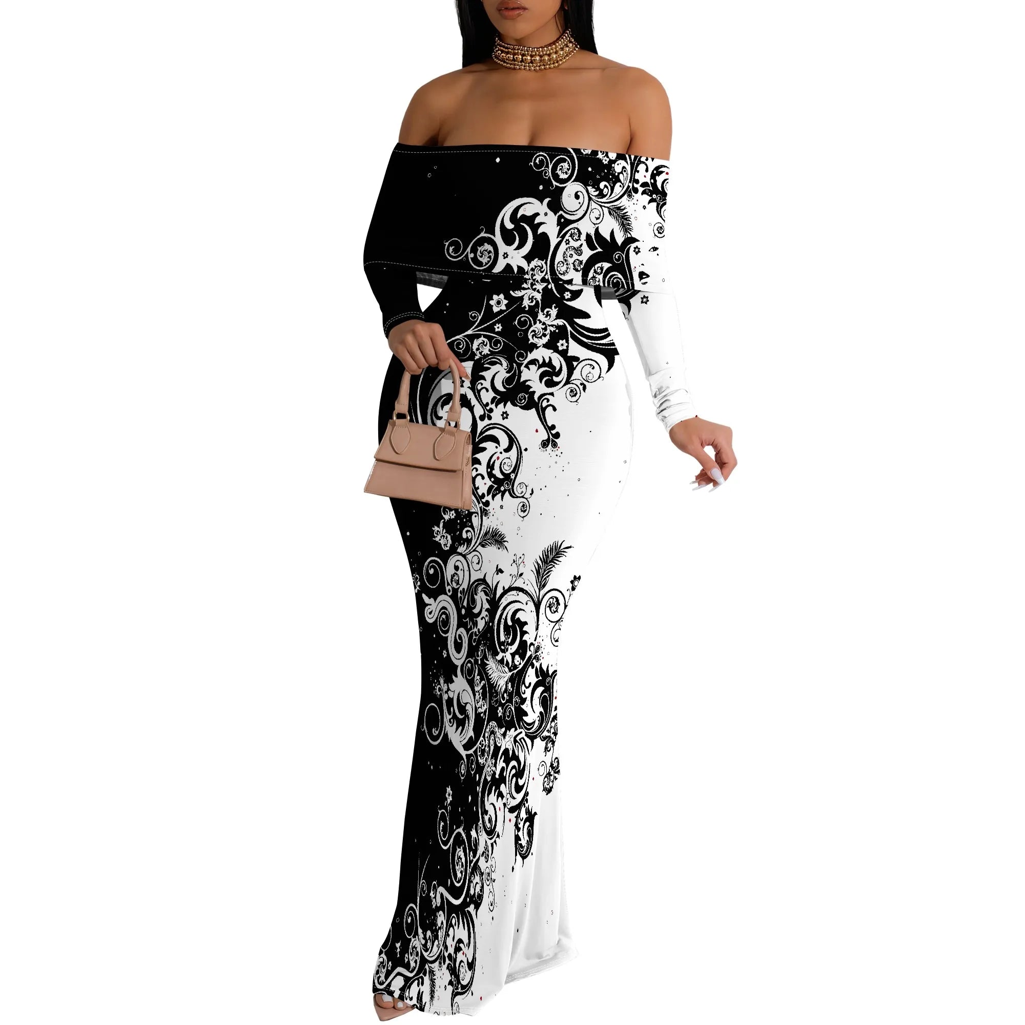 Plus Size Black White Floral Off-Shoulder Long Sleeve Maxi Dress - Women's Dramatic Elegant Party Evening Resortwear
