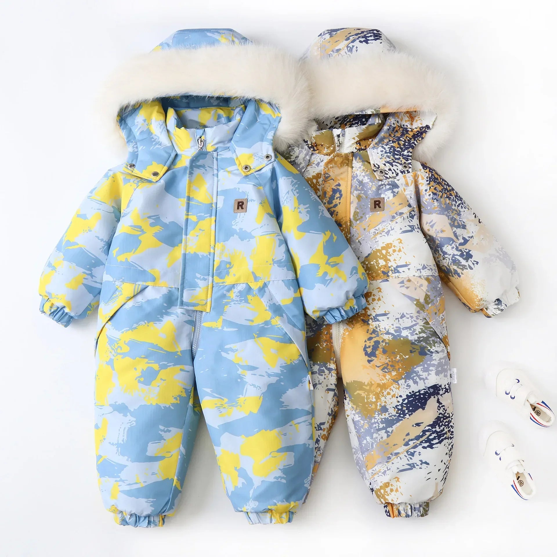 Unisex Children's Snowboard Winter Warm Clothing Snow Suit Floral Printed Fur Lining Hooded Snowboard Coats For Kids