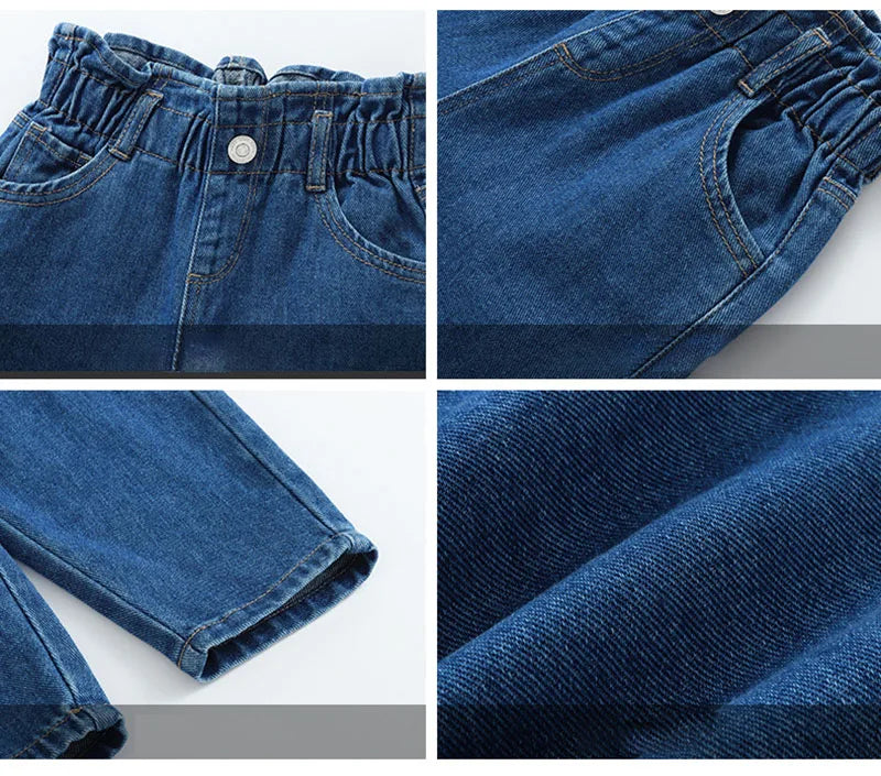 New Spring Kids Jeans Girls Boys Cute Solid Colour Denim Blue Pants Children Loose Trousers 4-6Y Unisex