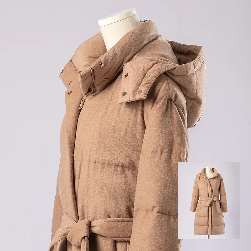 Women's Luxury Puffer Wool Winter Jacket, Duck Down Coat, Long Hat Detachable Hooded Outerwear For Ladies
