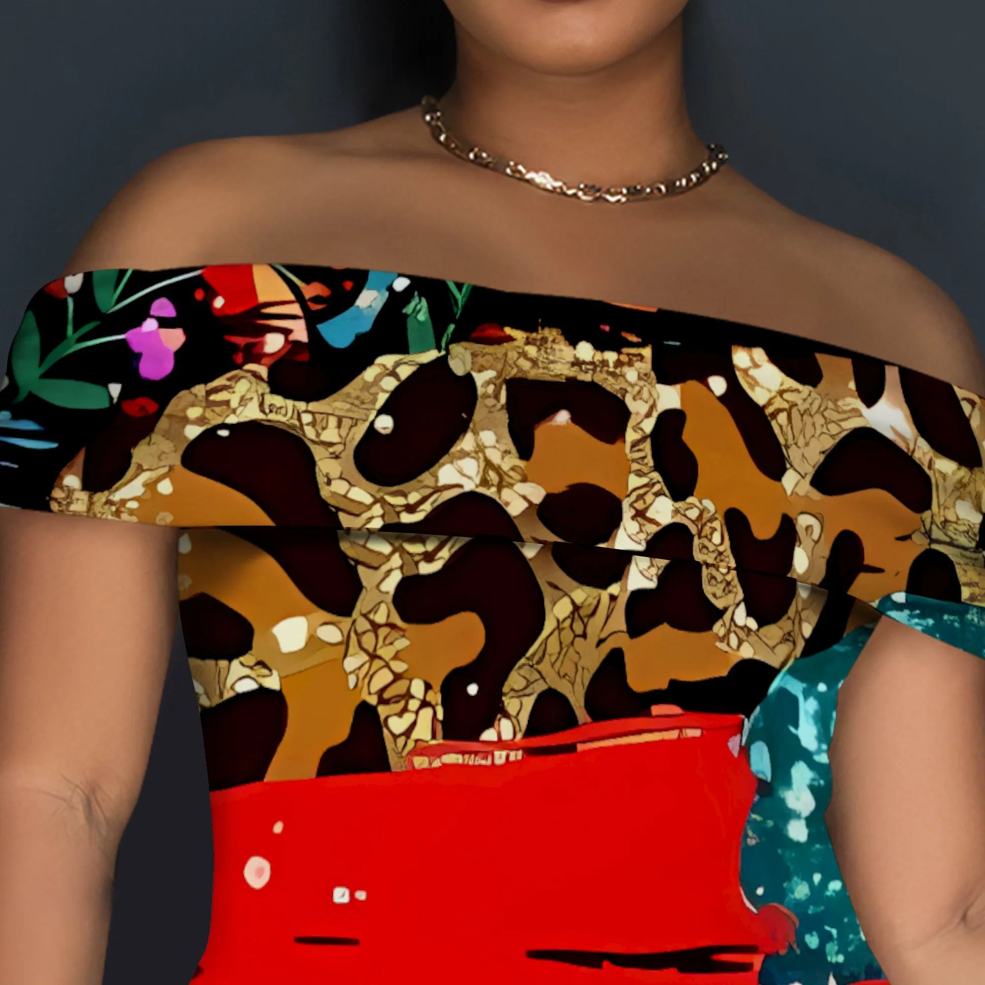 Tribal Patchwork Off Shoulder Maxi Dress Women Boho Style Slim Fit Slit Long Dress Party Clubwear