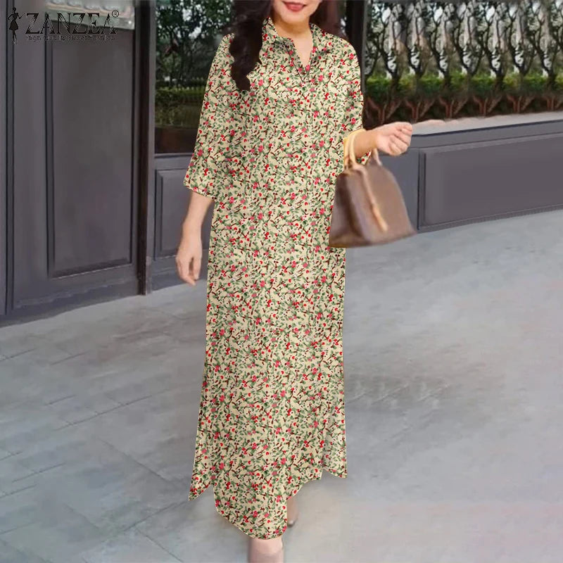 2025 Spring 3/4 Sleeve Maxi Dress Turn-down Collar Holiday Shirt Dress Loose Casual Floral Printed Women Vintage Vestidos