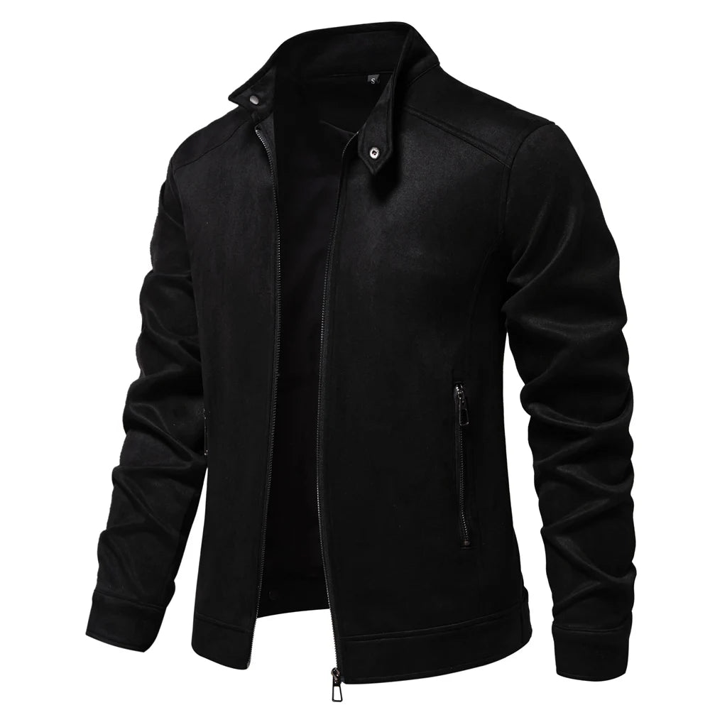 Men's Stand Collar Zip Suede Jacket Fashion Casual Business Faux Leather Trucker Jackets Coat for Men