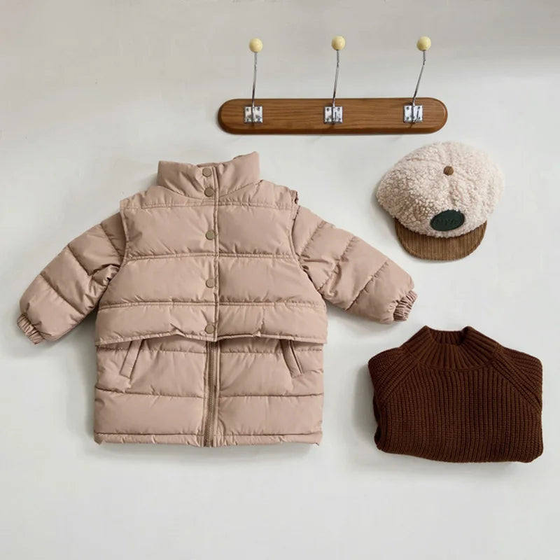 Winter Kids Parkas Thicken Vest And Parkas 2 Pcs Boys Long Parka Cotton Lining Girls Jacket 4-6Y Unisex