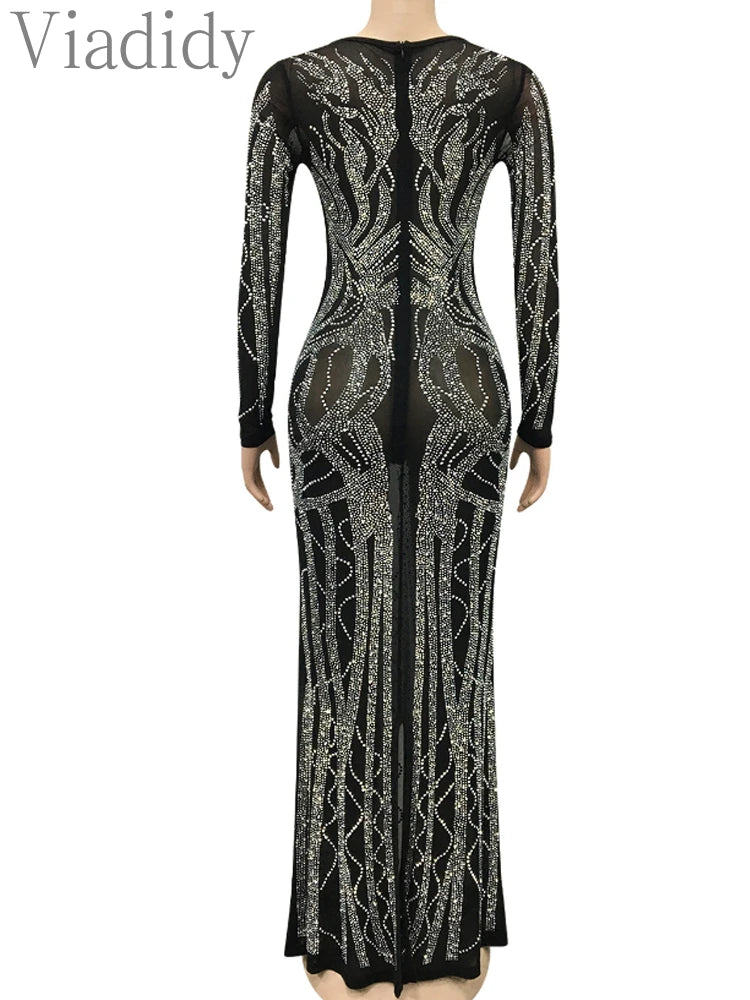 Sexy Rhinestone Sheer Mesh Long Sleeve Decor Party Dress