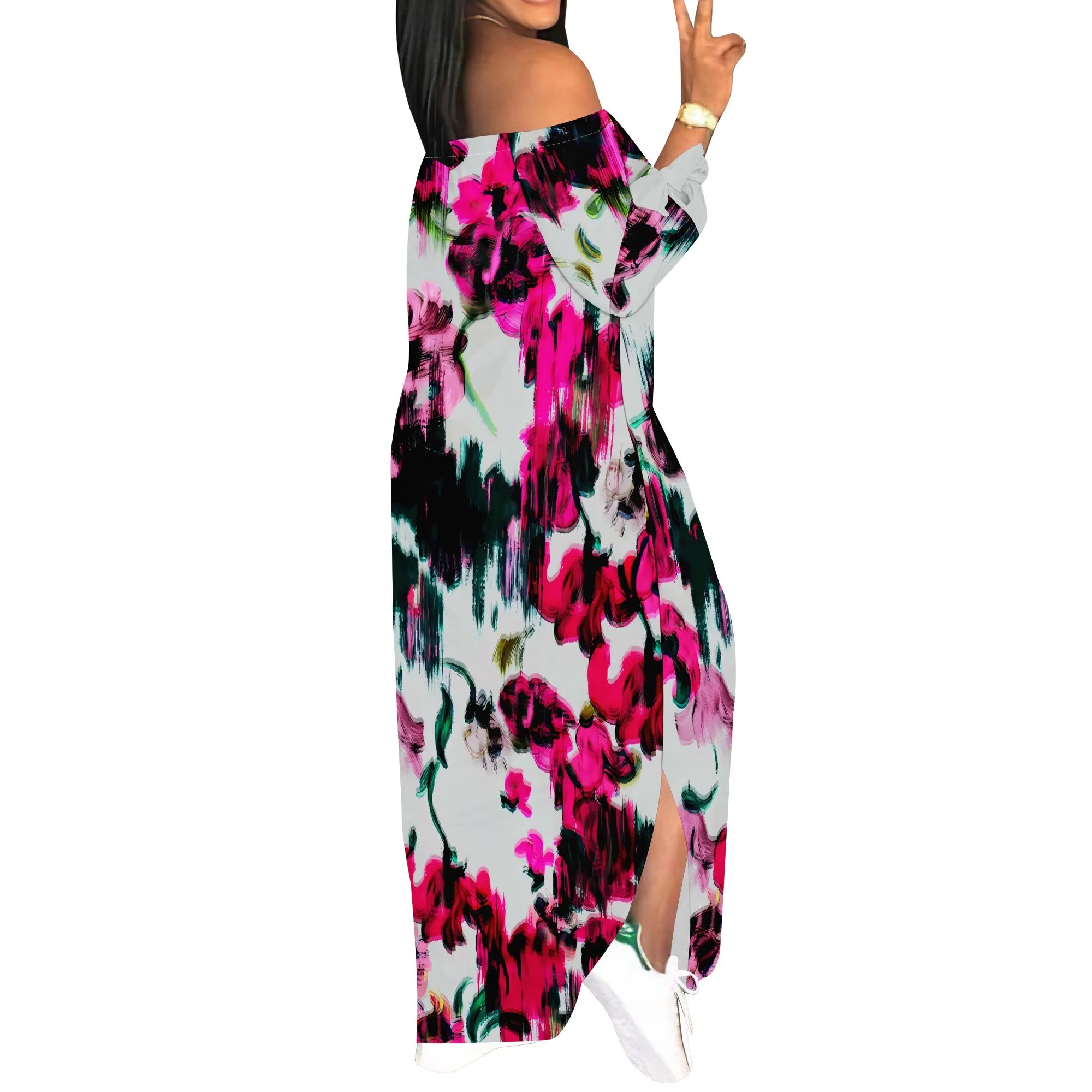 Women's Floral Off Shoulder Maxi Dress 3/4 Sleeve Multicolor Blue Slit Party Evening