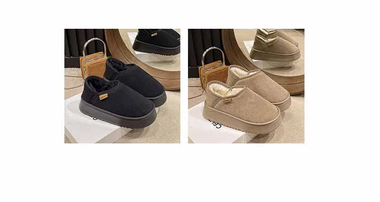 Women's Winter Warm Fuzzy Lining Cotton Shoes Fur Fluffy Slippers For Indoor and Outdoor Use With Anti-Skid Plush Thick Sole Cotton Shoes