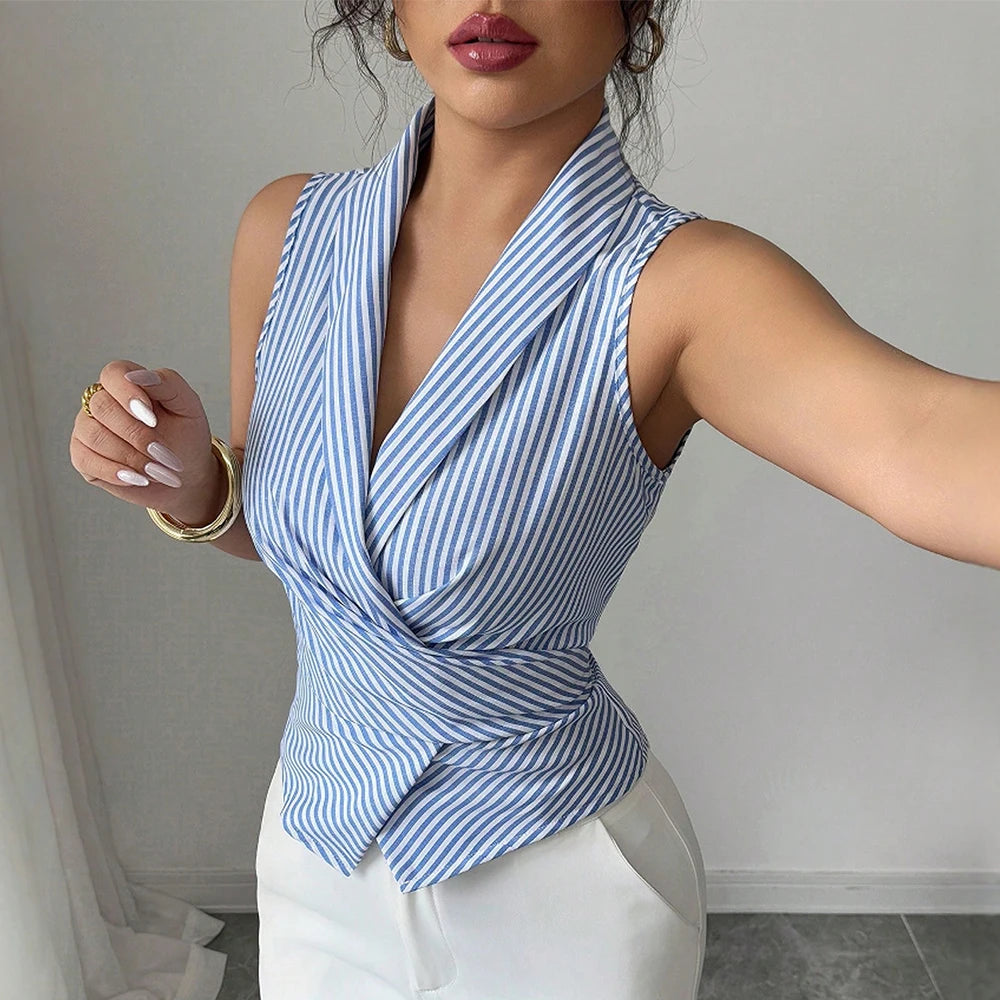 Hemden Frühling Sommer Passform Slim Fashion Streifen Eingeklemmte Taille Ärmelloses Revers Bürodame Hemden Für Frauen