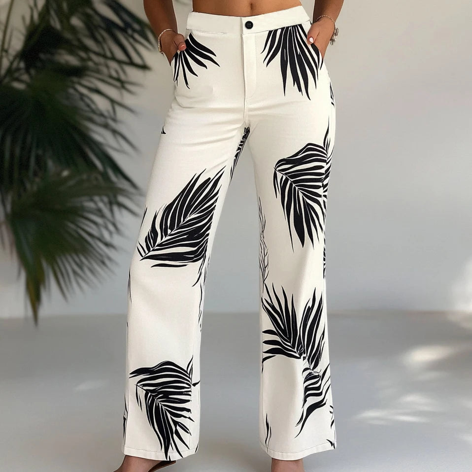 Damesbroeken Herfstmodel Slanke Bloemenprint Natuurlijke Taille Lange Wijde Pijpen Vakantiebroek