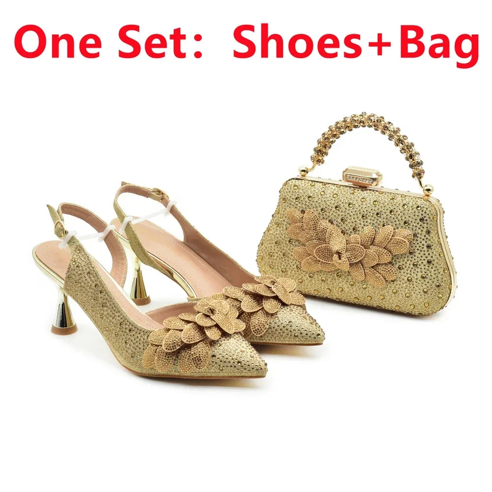 New Pointed Toe Heels with Small Bag Nigeria Fashion Party Women's Shoes and Bags Decorated with Rhinestone Wedding Shoes Bride