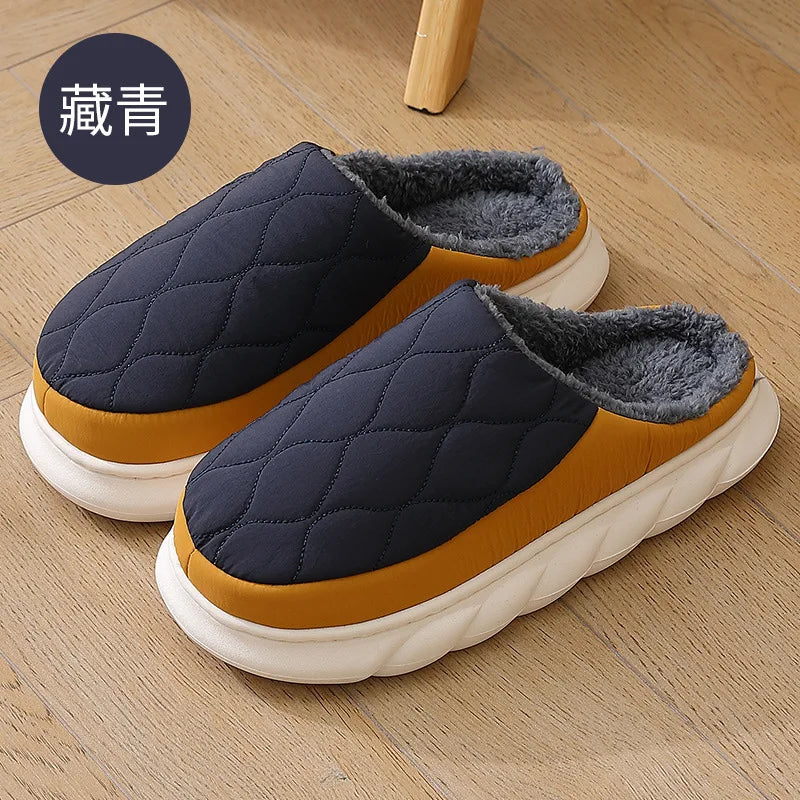 Men's Warm Plush House Slippers Indoor Anti-slip Winter Fluffy Slides With Waterproof Short Plush Male Cotton Shoes