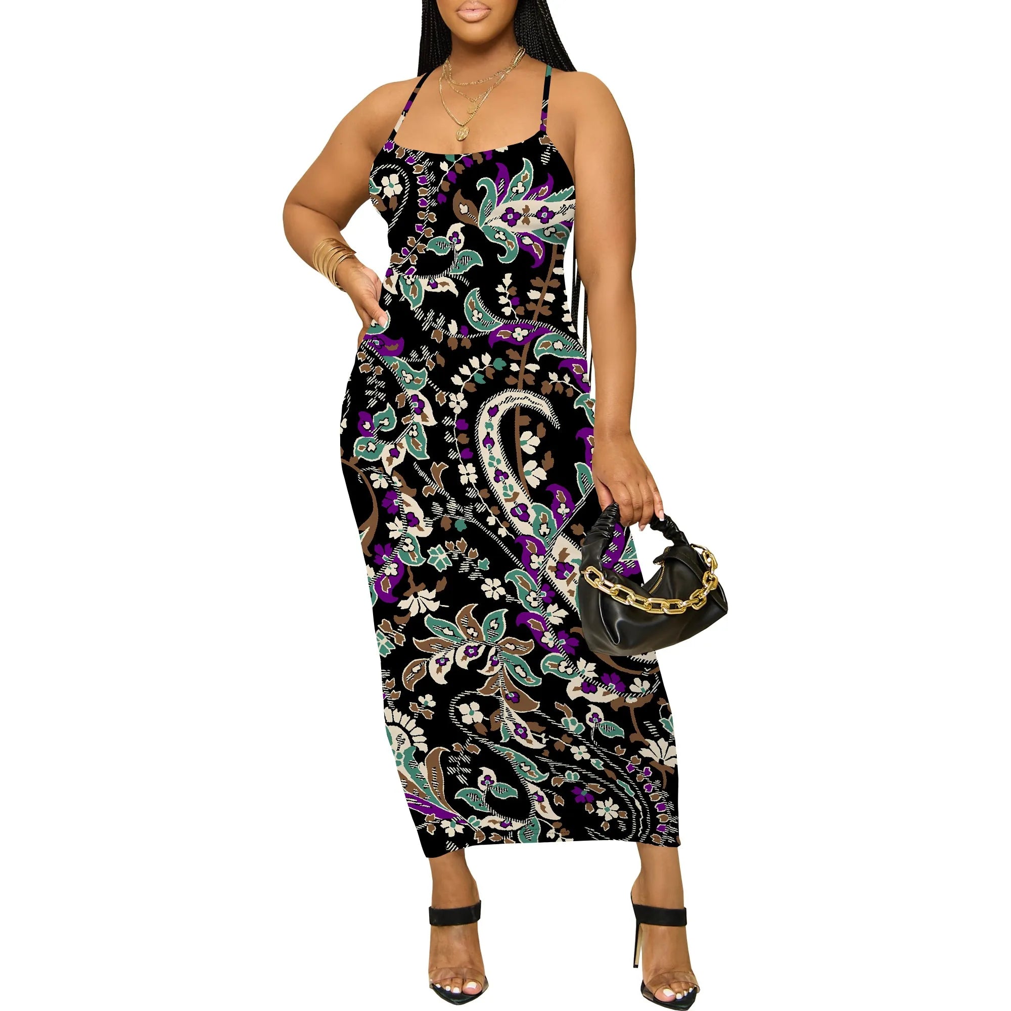 Elegant Spaghetti Strap Maxi Dress for Women Summer Black Floral Print Slim Fit Casual Beach Dress