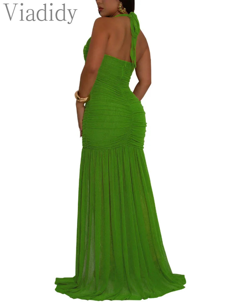 Women's Sexy Summer See Through Sheer Mesh Slit Solid Color Halter Dress Ruched Mermaid Pleated Mermaid Party Dress