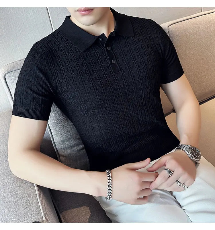 Men's Slim-Fit Jacquard Knitted Short-Sleeved Polo Shirt for Male Fashion Lapel Golf Shirt
