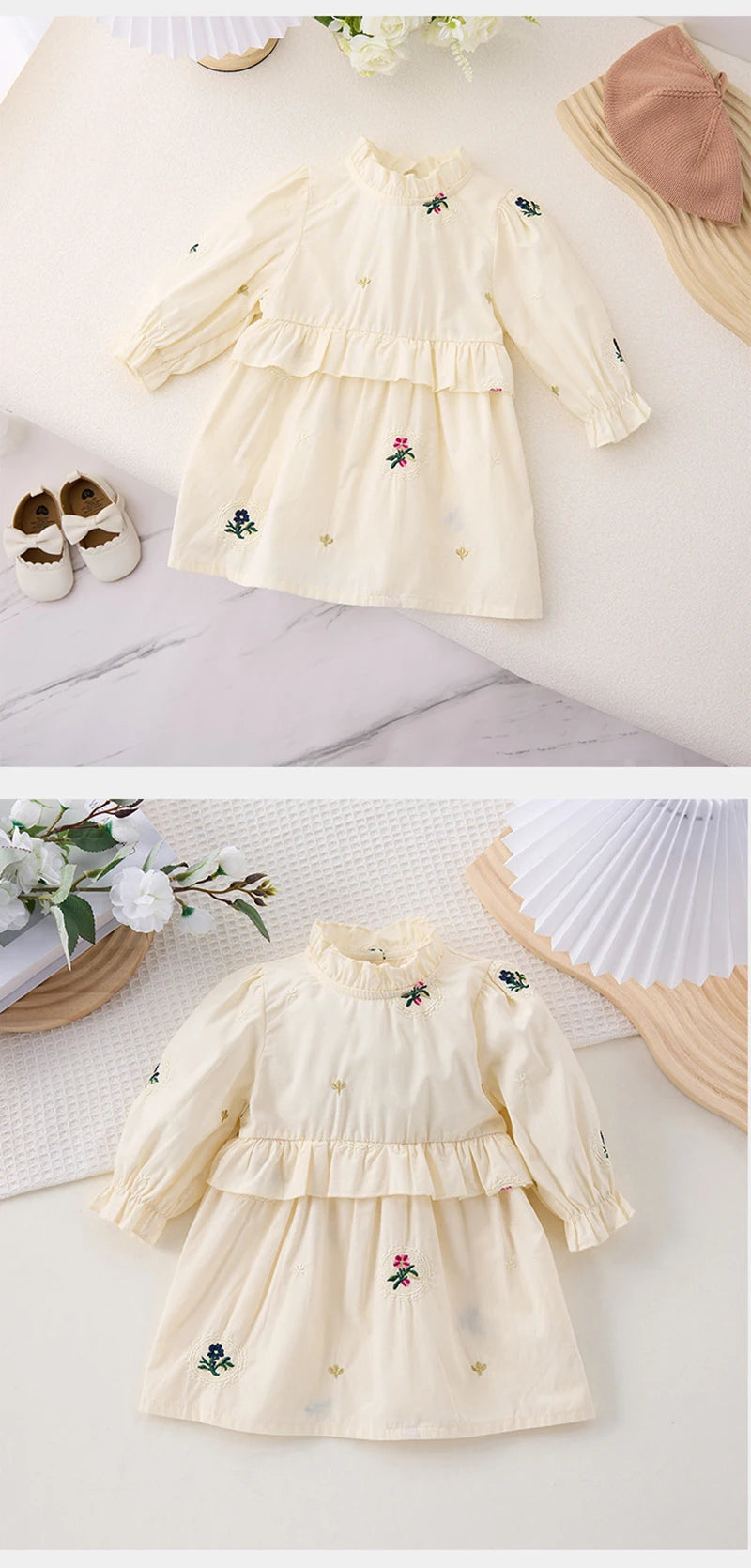 Spring Girls' Long Sleeve Dress 0-6Y Flower Embroidery Ruffled Collar Baby Children's Princess Dress Retro Style Kid's Clothing