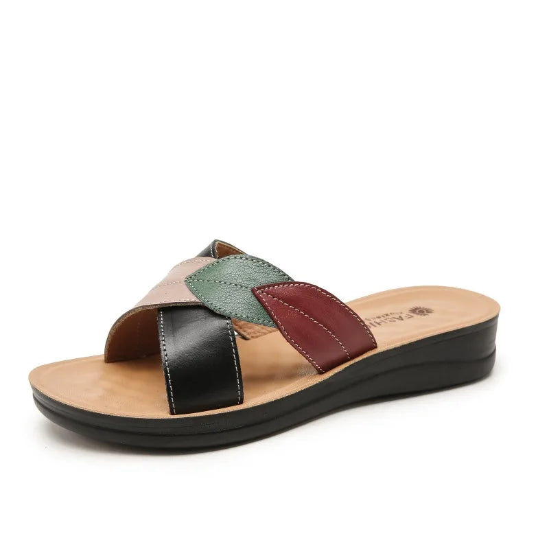 Women Female Ladies Mother Genuine Leather Shoes Sandals Platform Slipper Summer Cool Beach Soft Slip On Outside
