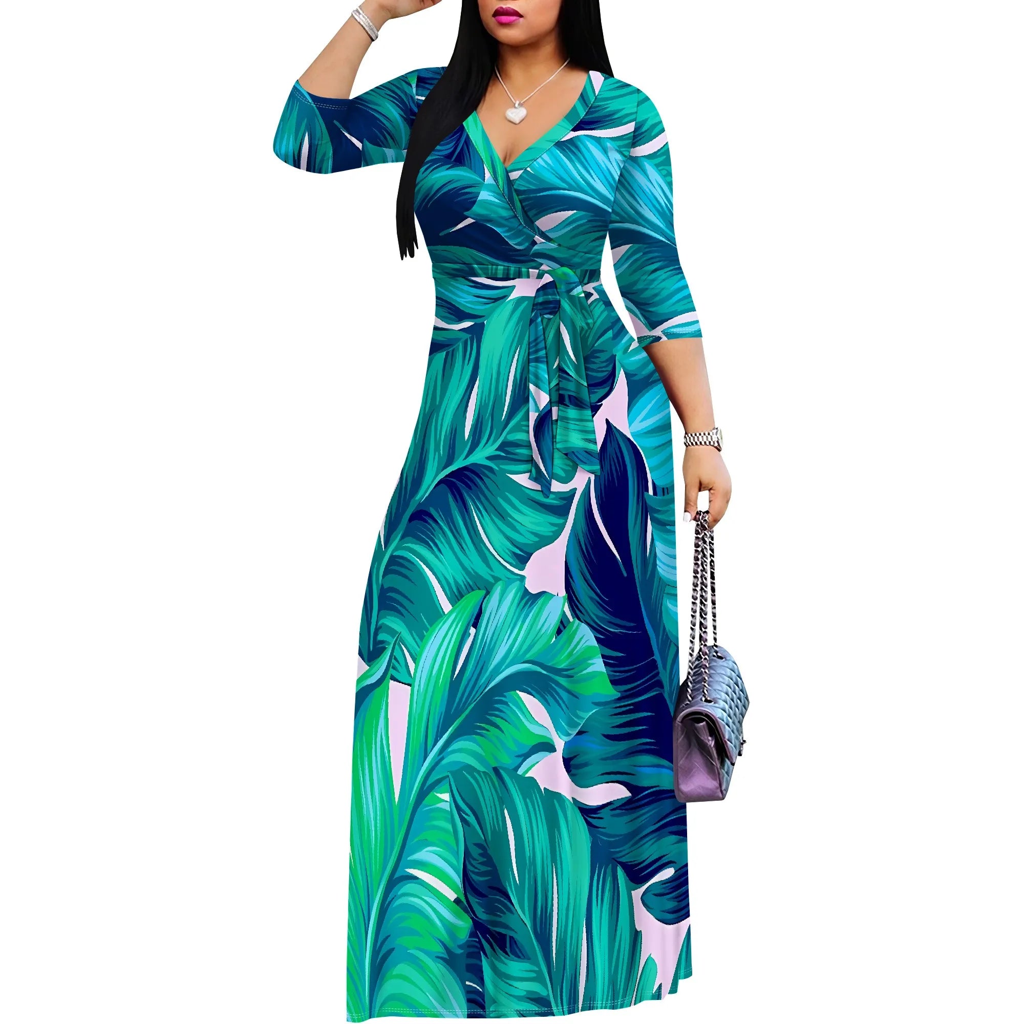 Vacation V-Neck Wrap Dress - Adjustable Tie Waist Floral Midi Dress, Tropical Resort Wear for Women