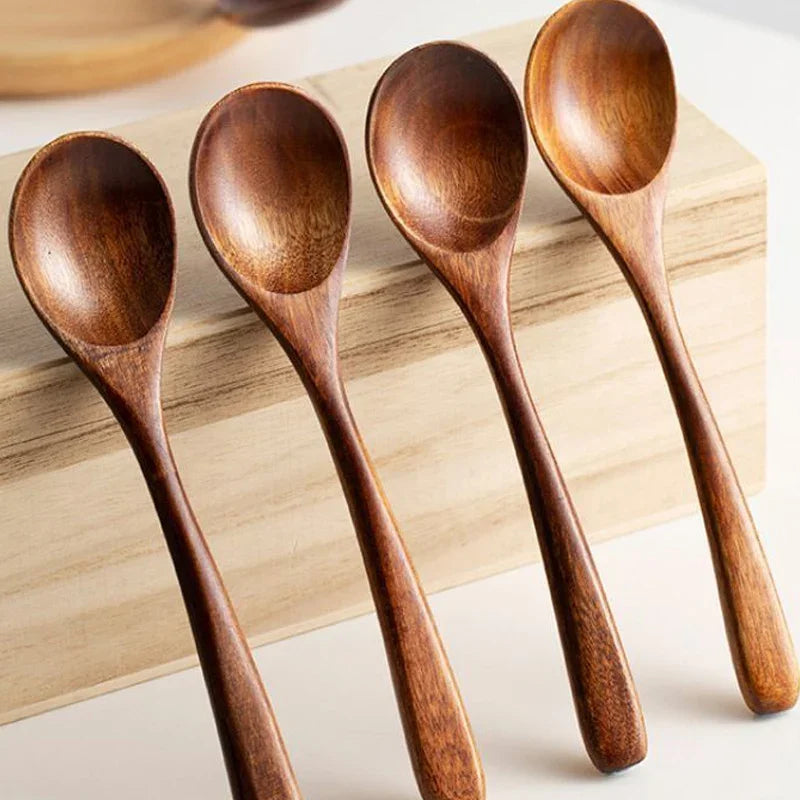 1/10Pcs Wood Soup Spoons Long Handle Coffee Milk Teaspoon Sugar Spice Condiment Scoops Kitchen Tableware Tools Wooden Spoon