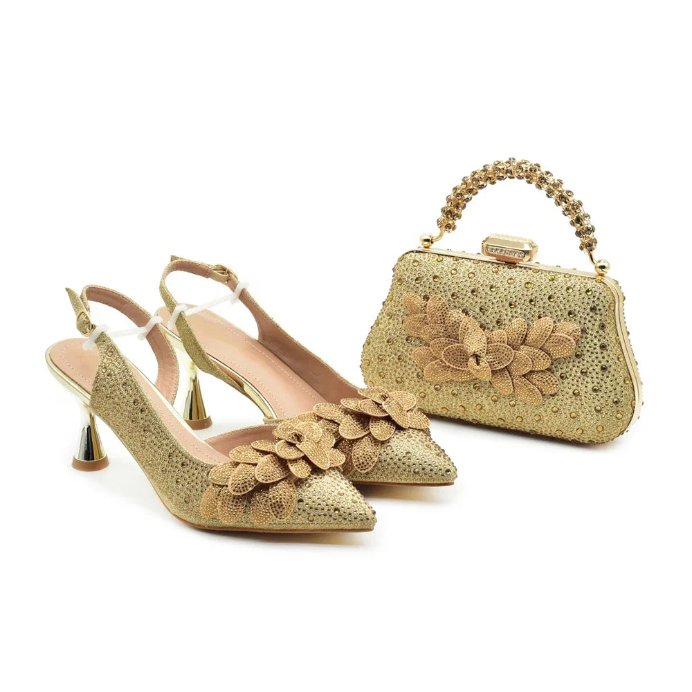 New Pointed Toe Heels with Small Bag Nigeria Fashion Party Women's Shoes and Bags Decorated with Rhinestone Wedding Shoes Bride