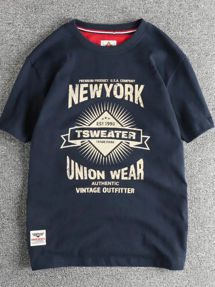 2025 Summer New American Retro Short Sleeve O-neck Letter Printed T-shirt Men's Fashion 100% Cotton Washed Casual Youth Tops