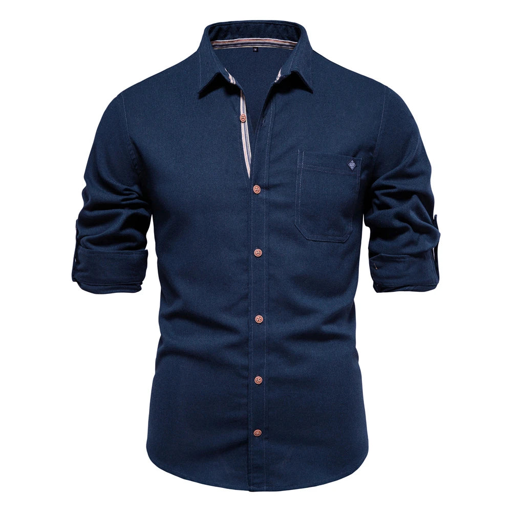 Men's 100% Cotton Social Spring Shirts Single Pocket Solid Colour Long Sleeve Shirts Turn-down Collar For Men