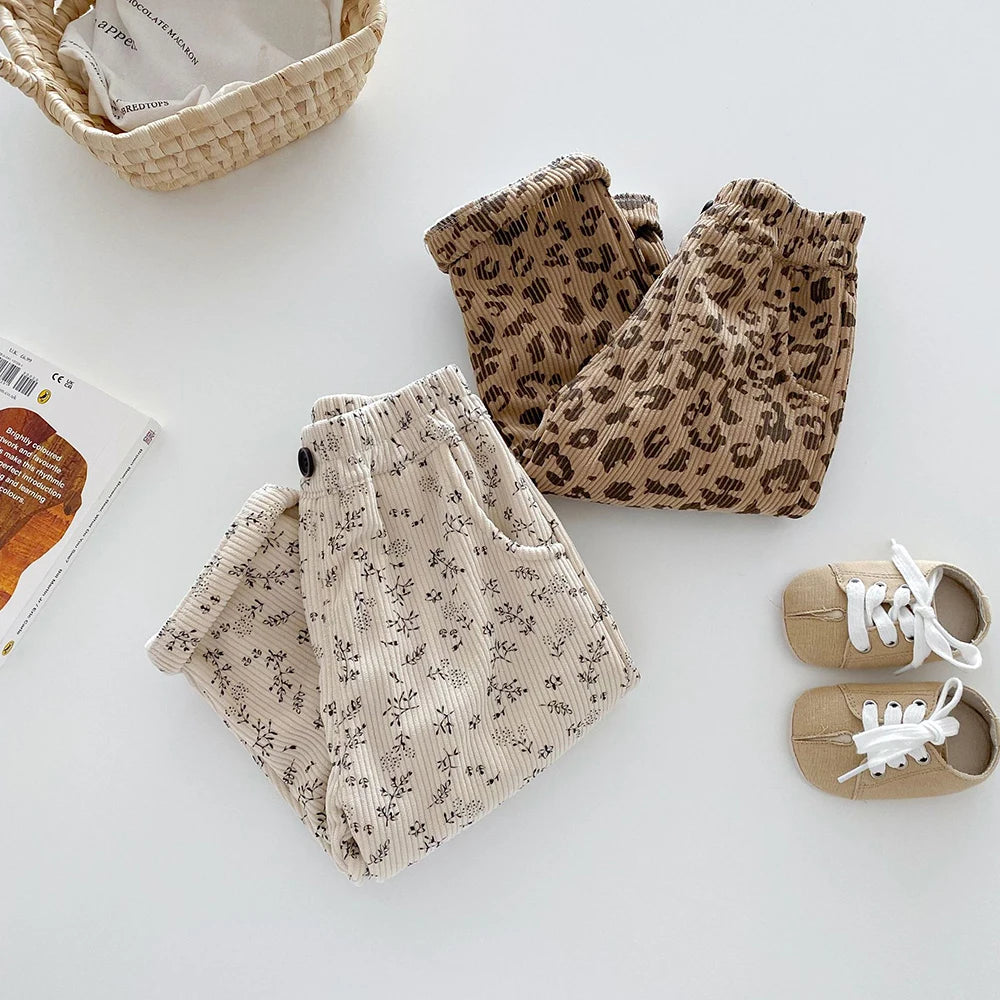 Autumn Kids Baby Pants Thickened Fleece Lining Floral Girls Trousers Warm Fashion Leopard Print Boys Pants Outwear 1-5Y Unisex