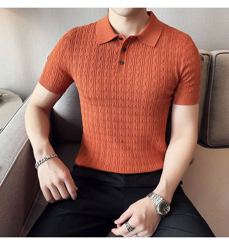 Men's Slim-Fit Jacquard Knitted Short-Sleeved Polo Shirt for Male Fashion Lapel Golf Shirt