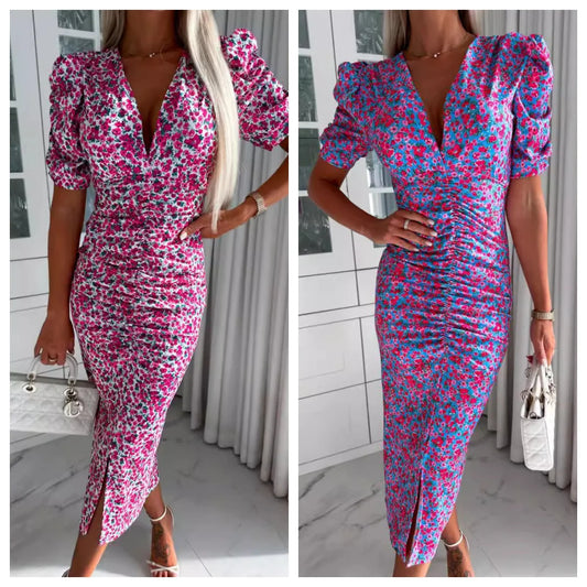 Women Sexy Deep V Dress Summer New Pile Up Sleeves Slim Floral Print Elegant Dress Fashion Short Sleeve Party Vestidos