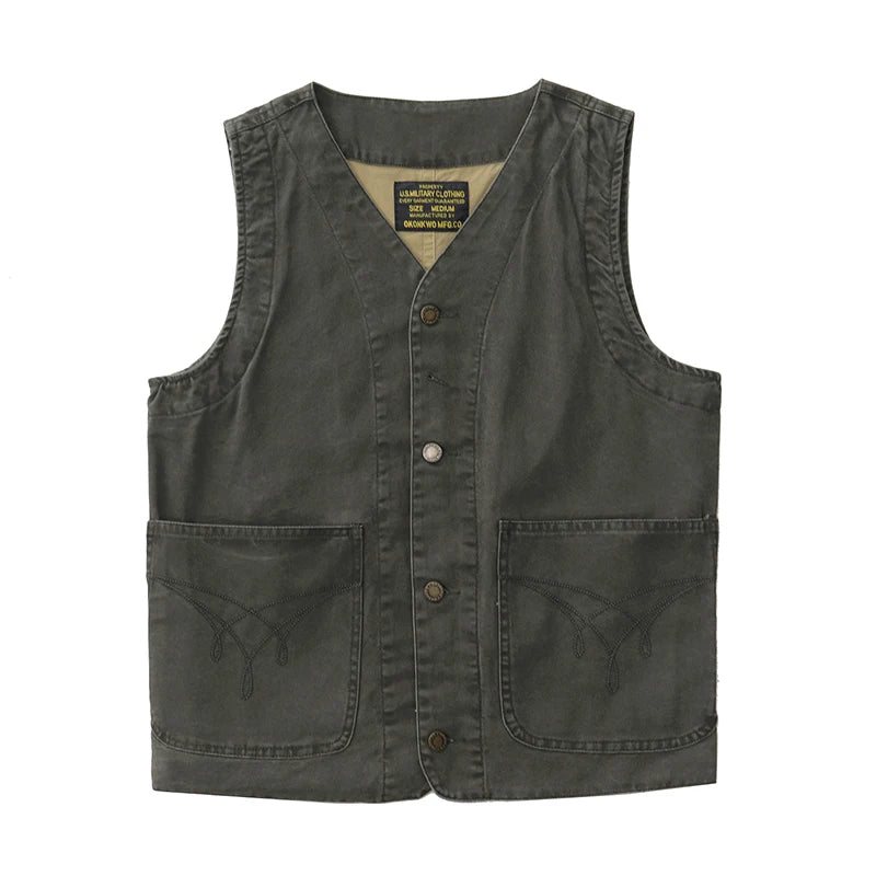 2024 Autumn New American Retro 12OZ Denim Cargo Vest Men's Simple 100% Cotton Washed Old Casual Multi-pocket Waistcoat Jacket