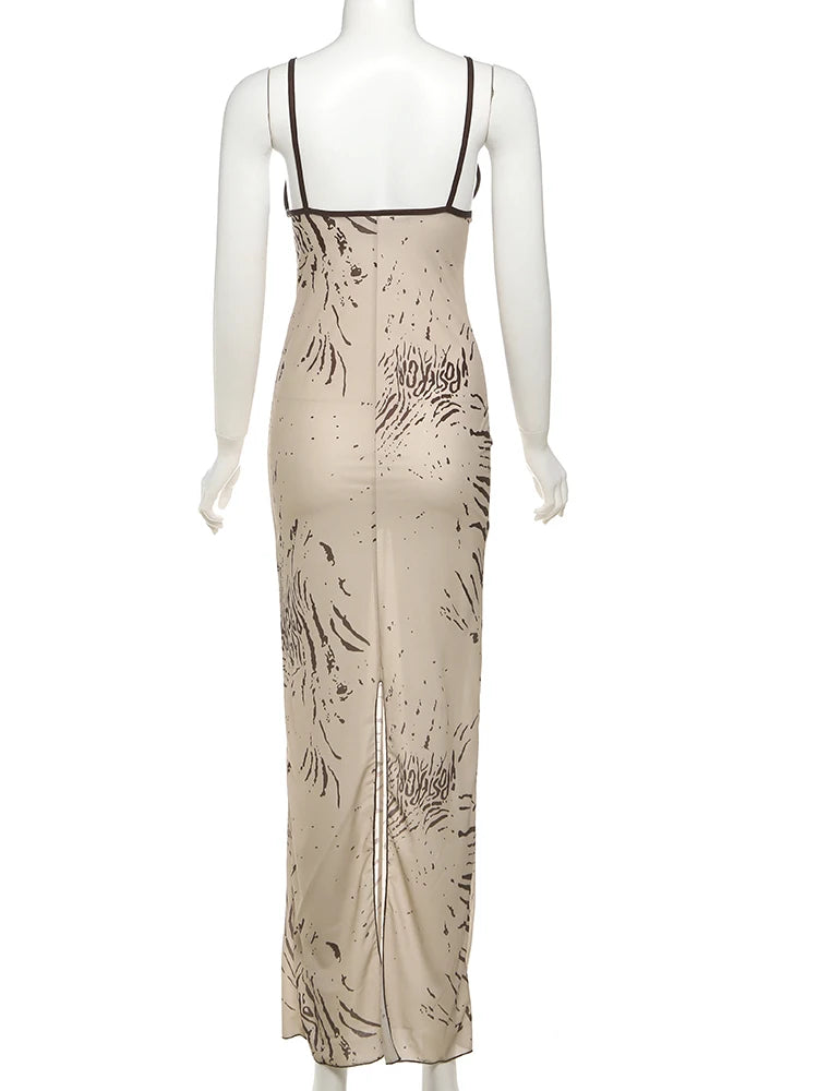 Tie-dye Print Dress Women Sexy Low-Neck Skinny Sleeveless Backless Skinny Vacation Beach Club Party Classic Vestidos