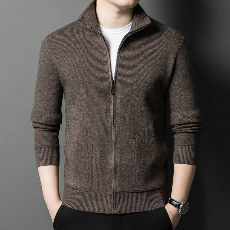Men's Solid Colour Autumn Long-Sleeved Stretch Warm Cardigan, Daily Jacket Sizes M-4XL
