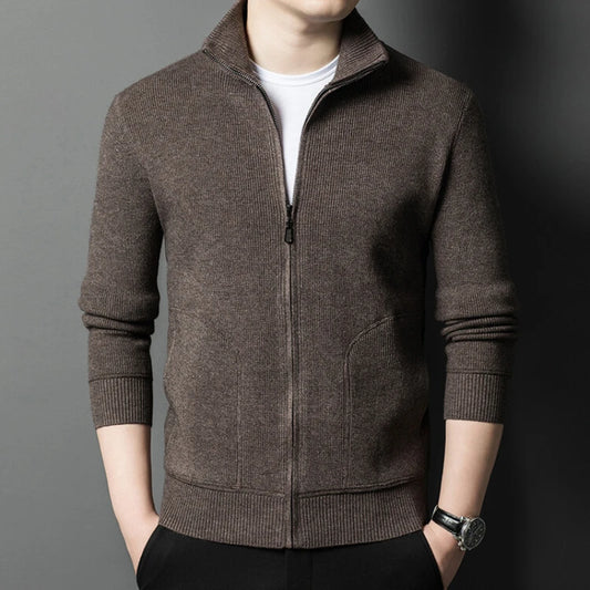 Men's Solid Colour Autumn Long-Sleeved Stretch Warm Cardigan, Daily Jacket Sizes M-4XL